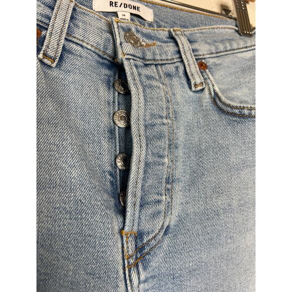 Re/Done Frayed Hem Straight Leg High Rise Stove Pipe Jean Blue Size: 24 - Picture 5 of 8